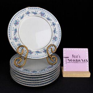 Seizan China BLUE DAWN Blue Purple Flowers Platinum Trim Salad Plates Set of 7